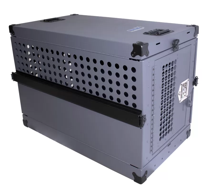 Owens Products 25 W x 41 D x 29 H Gray Powder Coat Mill Finish Aluminum Dog Crate Professional K9 Series Single Compartment Collapsible Working Dog Crate - 55306