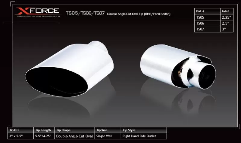 XForce Oval Tip 2.5" Inlet Single Angle, Single Wall RHS Stailess Steel - TS06