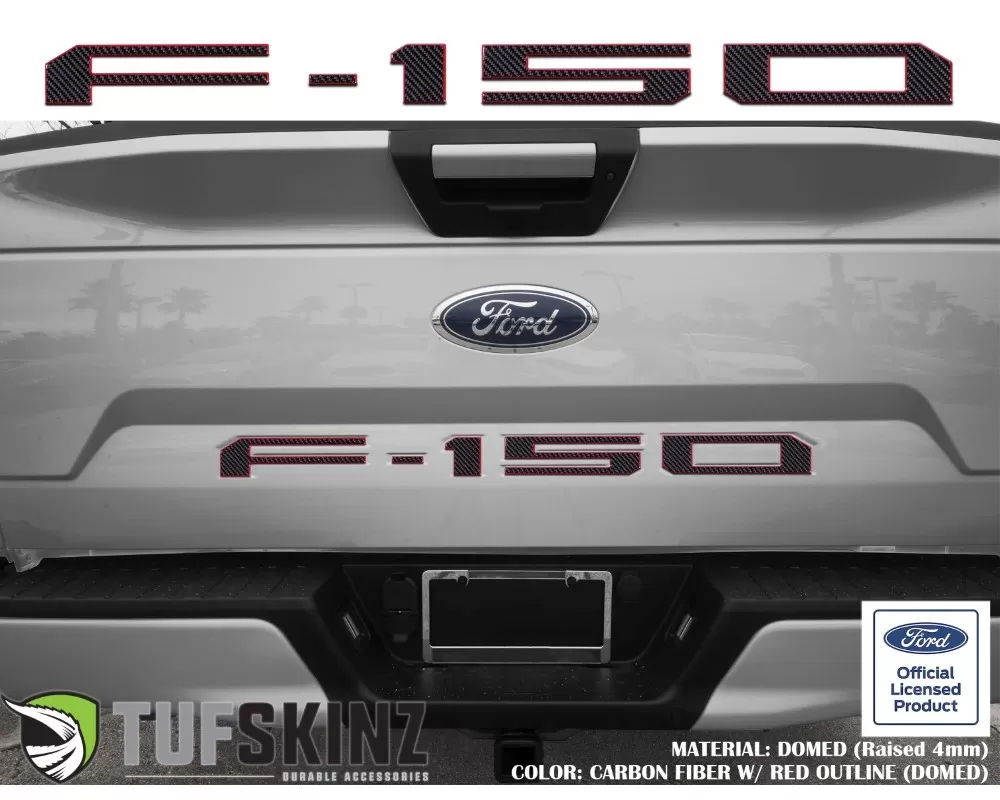 Tufskinz "F-150" Tailgate Letter Inserts Fits 2018-2020 Ford F-150 5 Piece Kit In Domed Carbon Fiber W/Red Outline - FRD002-DCF-025-G