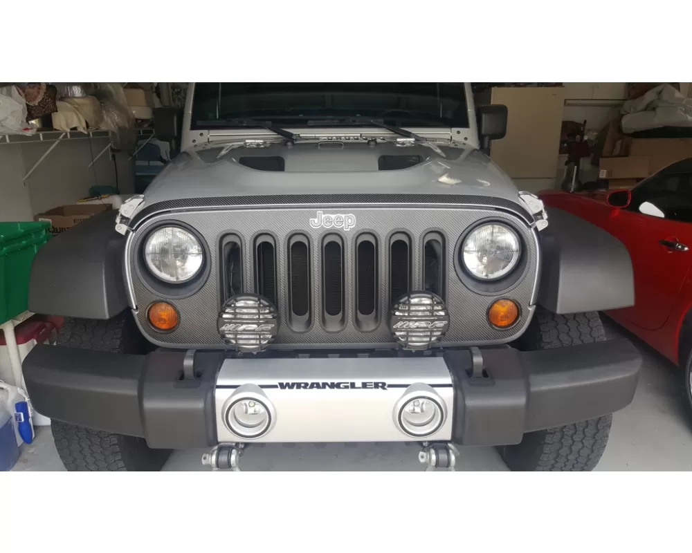 Tufskinz Front Grill Overlay With Logo Cut Out Fits 2007-2018 Jeep Wrangler Jk 1 Piece Kit In Raw Carbon Fiber - JEA020-RCFMP-X