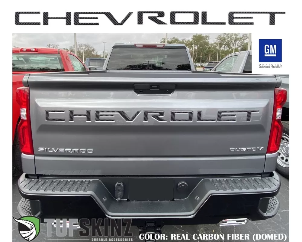 Tufskinz "Chevrolet" Tailgate Letter Inserts Fits 2019-2020 Chevrolet Silverado Silverado HD 7 Piece Kit In Real Carbon Fiber(Domed) - SVD003-DCF-G