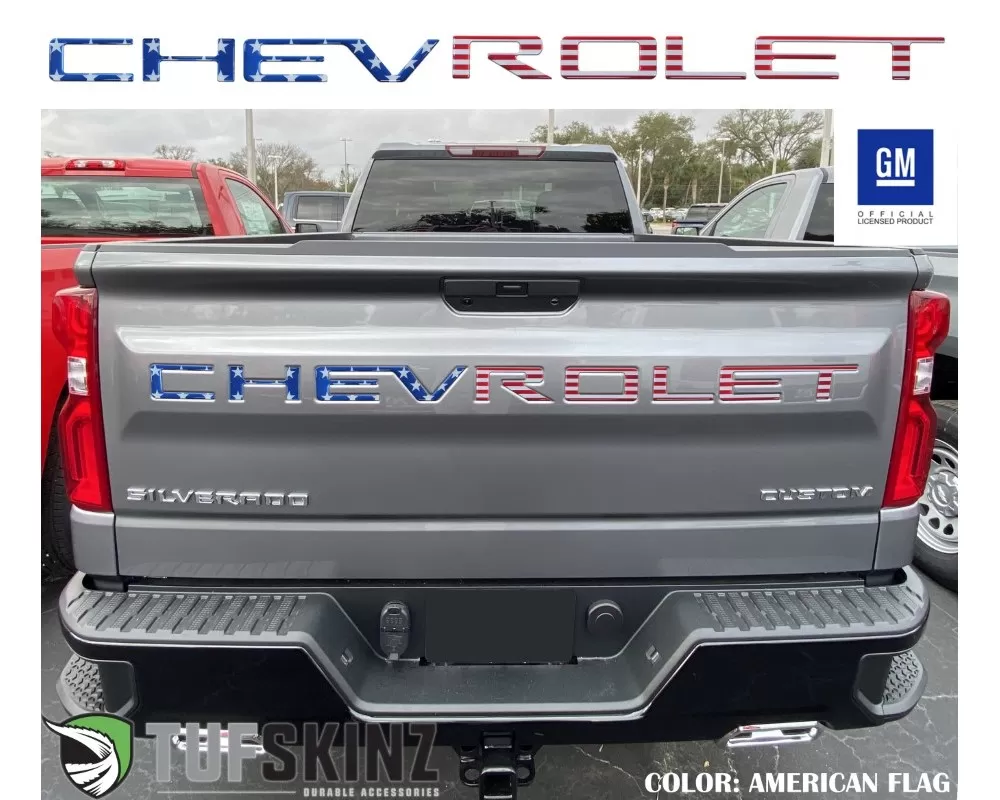 Tufskinz "Chevrolet" Tailgate Letter Inserts Fits 2019-2020 Chevrolet Silverado Silverado HD 7 Piece Kit In American Flag - SVD003-GTO-RWB-G