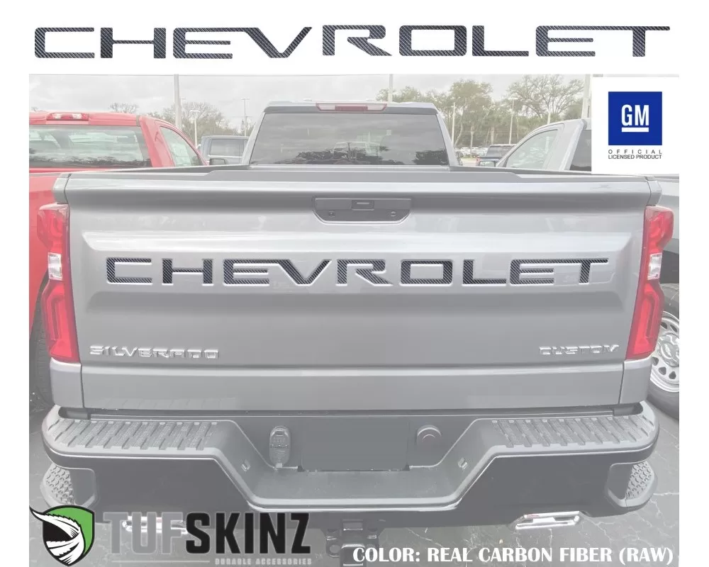 Tufskinz "Chevrolet" Tailgate Letter Inserts Fits 2019-2020 Chevrolet Silverado Silverado HD 7 Piece Kit In Real Carbon Fiber(Raw) - SVD003-RCF-X
