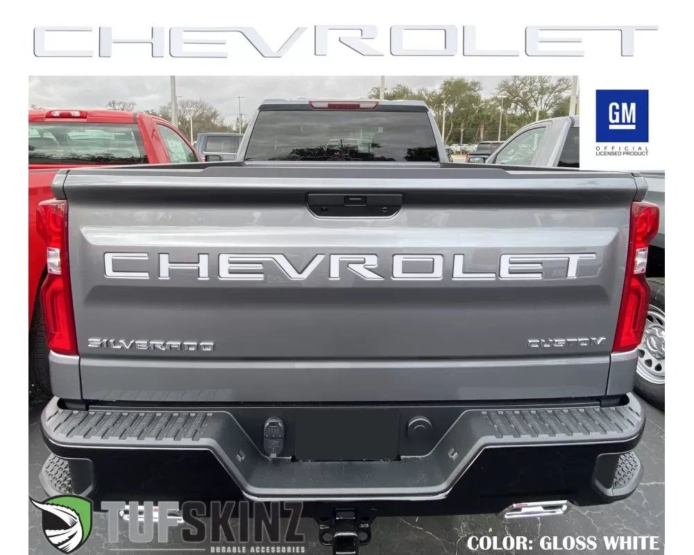 Tufskinz "Chevrolet" Tailgate Letter Inserts Fits 2019-2020 Chevrolet Silverado Silverado HD 7 Piece Kit In Gloss White - SVD003-WHT-G