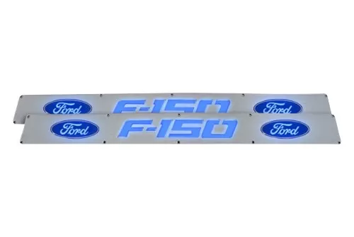 Recon Truck Accessories Billet Aluminum Door Sill Brushed Finish Ford F150 Logo In Blue Illumination Ford F150 09-14 - 264321FD
