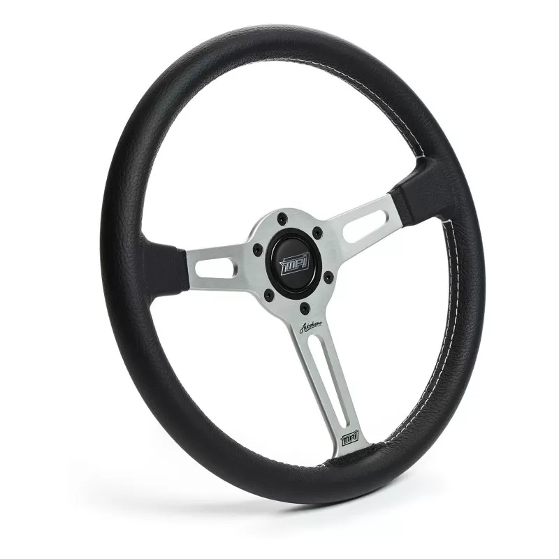Detroit Speed Black Leather Steering Wheel MPI Autodromo 80 Series Silver Center W/Horn - 092580SDS