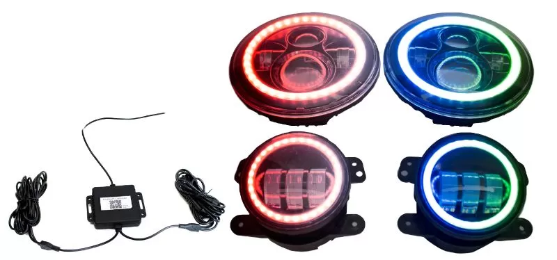 Race Sport Lighting   7 Inch Headlight Chase mode and 4 inch Foglight ColorSMART Combo RGB Kit Jeep Wrangler - RS3037050-C