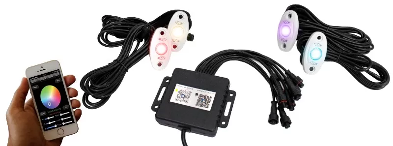 Race Sport Lighting RGB Multi-Color with Black Rock Light Housings ColorSMART 4-LED Glow Pod WHITE Kit  iOS or Android Smartphone Controlled with Brain Box IP68 12 Volt - RSLD4KITCS-W
