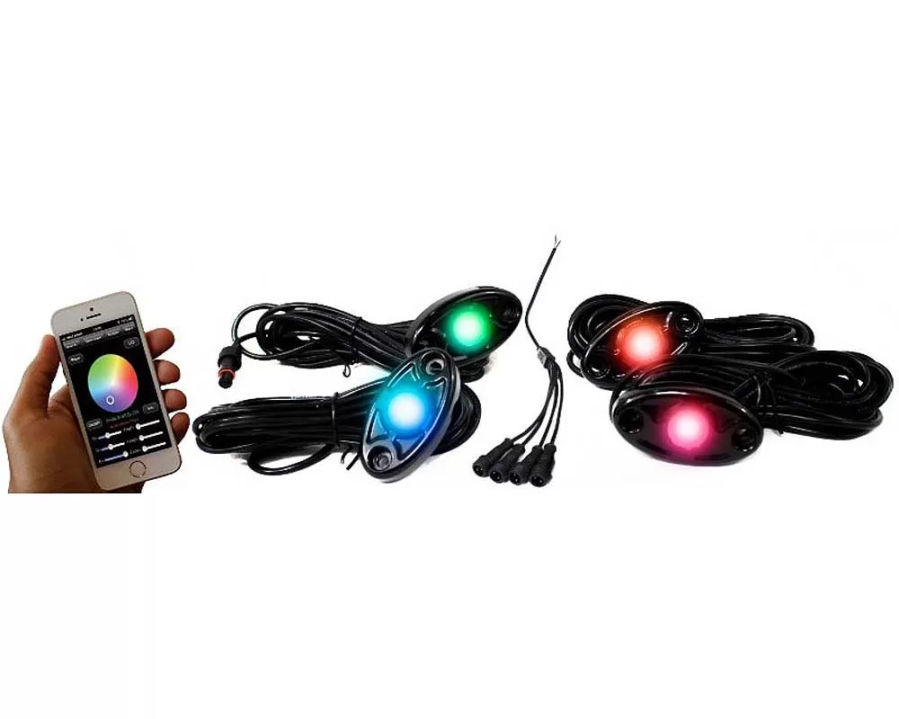 Race Sport Lighting RGB Multi-Color with Black Rock Light Housings ColorSMART 4-LED Glow Pod BLACK Kit  iOS or Android Smartphone Controlled with Brain Box IP68 12 Volt - RSLD4KITCS