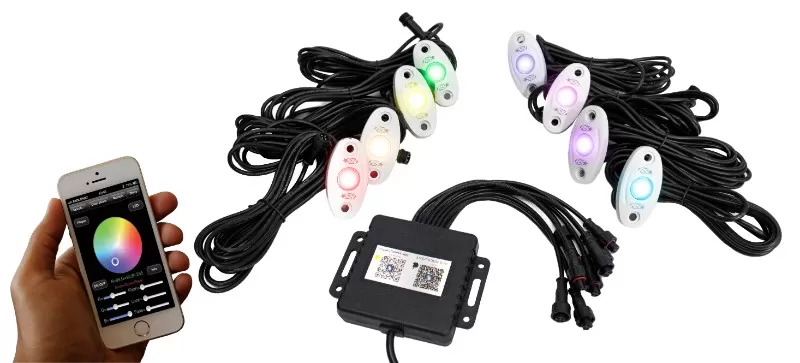 Race Sport Lighting RGB Multi-Color with Black Rock Light Housings ColorSMART 8-LED Glow Pod WHITE Kit iOS or Android Smartphone Controlled with Brain Box IP68 12 Volt - RSLD8KITCS-W