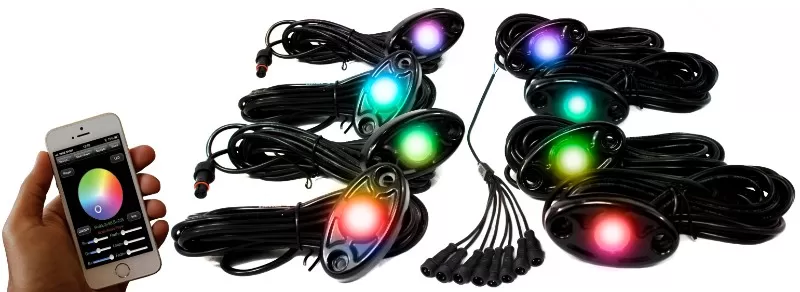 Race Sport Lighting RGB Multi-Color with Black Rock Light Housings ColorSMART 8-LED Glow Pod BLACK Kit iOS or Android Smartphone Controlled with Brain Box IP68 12 Volt - RSLD8KITCS