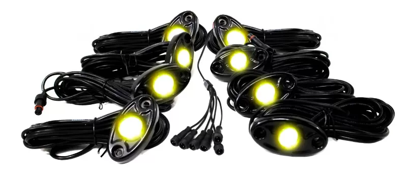 Race Sport Lighting Yellow 8 LED Glow Pod Rock Light Kit with Brain Box IP68 12V - RSLD8KITY