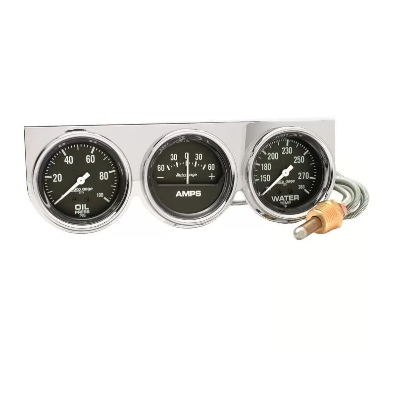 AutoMeter GAUGE CONSOLE; OILP/WTMP/AMP; 2 5/8in.; 100PSI/280deg.F/60A; BLK DIAL; CHROME BZ - 2395