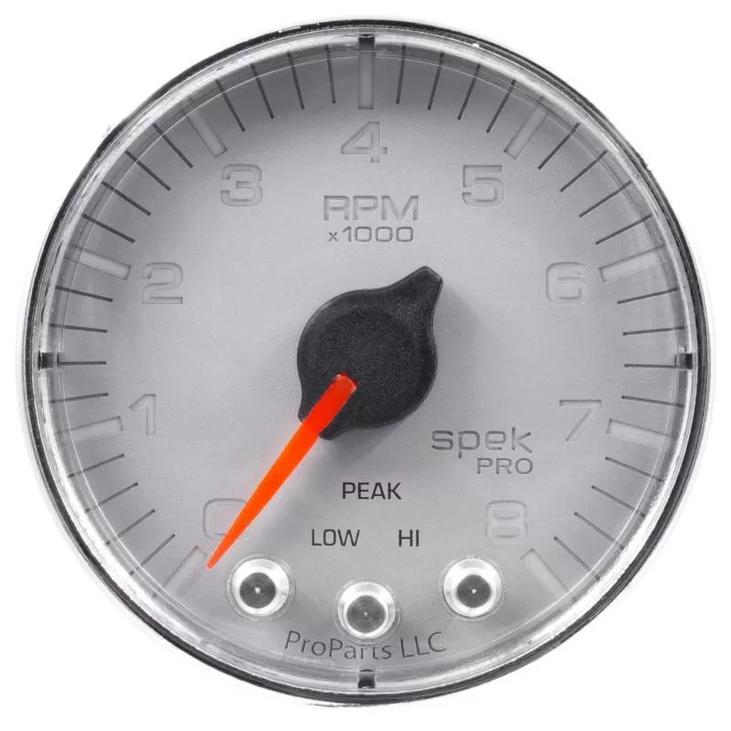 AutoMeter GAUGE; TACH; 2 1/16in.; 8K RPM; W/SHIFT LIGHT/PEAK MEM; SLVR/CHRM; SPEK-PRO - P334218