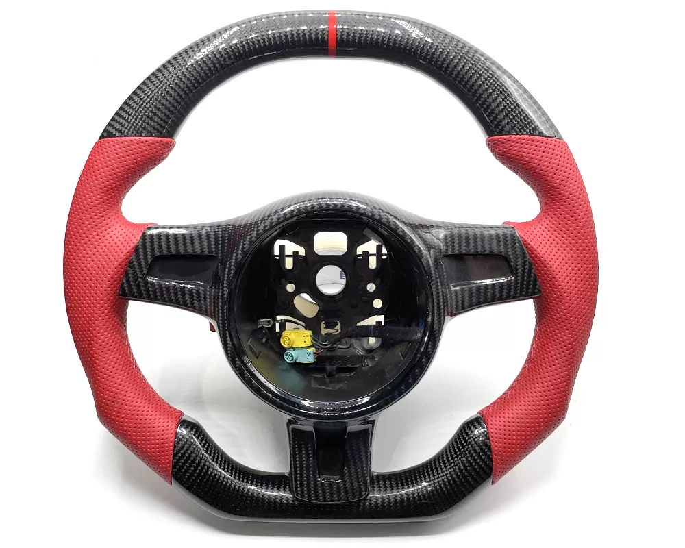 Porsche 997.2 | 991 | 981 | 970 PDK Paddle OEM Steering Wheel Carbon Fiber Red Stripe Red Leather Grips - VR-PORS-9972-PDK2-STRWHL
