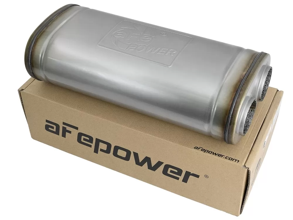 aFe POWER Mach Force-Xp Stainless Muffler 2-1/2 IN ID Offset/Dual x 18 IN L x 8 IN W x 5 IN H - Oval Body - 49M00033