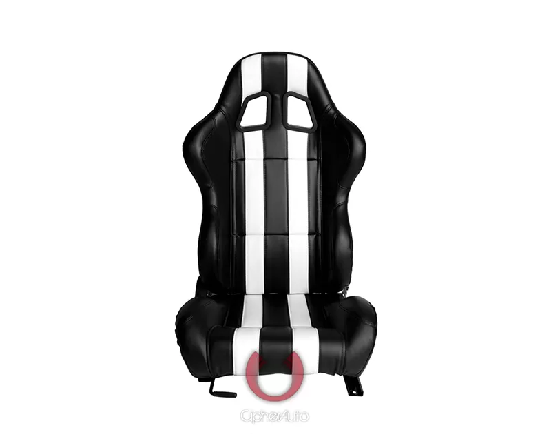 Cipher Auto Black w/ White Stripes Synthetic Leather Racing Seats - Pair - CPA1026PBK-W