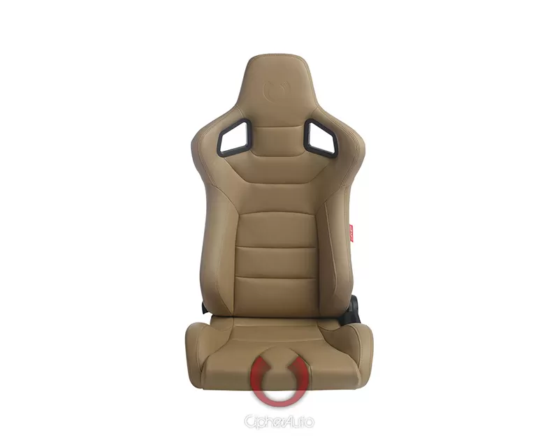 Cipher Auto Beige PU Leather Carbon Fiber w/ Brown Stitches Euro Racing Seats - Pair - CPA2001PCFBG