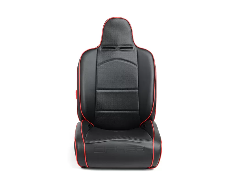 Cipher Auto Black Leather Carbon Fiber PU w/ Red Piping Universal Reclineable Suspension|Jeep Seats - Pair - CPA3002PBK-R