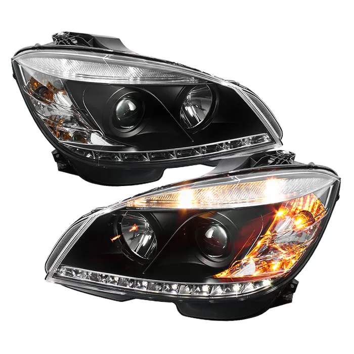 Spyder Auto Black DRL Projector Headlights with High H1 and Low H7 Lights Included Mercedes Benz C63 AMG with Halogen 2008-2011 - PRO-YD-MBW20408-DRL-BK