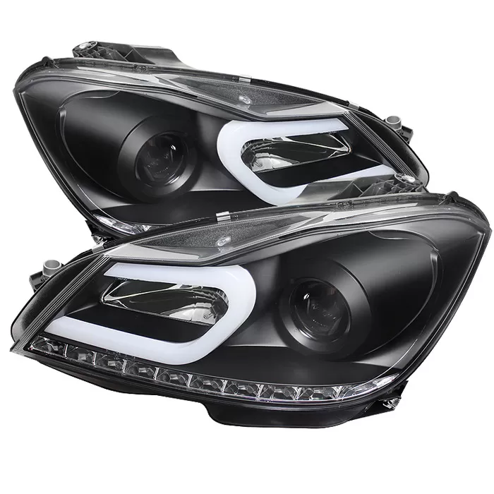 Spyder Auto Black DRL Projector Headlights with High H1 and Low H7 Lights Included Mercedes Benz W204 C200 with Halogen Lights 2012-2013 - PRO-YD-MBW20412-DRL-BK