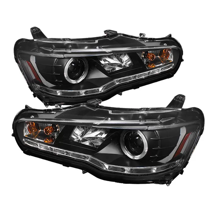 Spyder Auto Black DRL LED Halo Projector Headlights with High H1 and Low H7 Lights Included Mitsubishi EVO X with Halogen Lights 2008-2015 - PRO-YD-ML08-DRL-BK