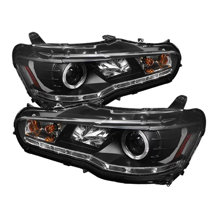 Spyder Auto Black DRL LED Halo Projector Headlights with High H1 Lights Included Mitsubishi EVO X with Halogen Lights 2008-2015 - PRO-YD-ML08-HID-DRL-BK