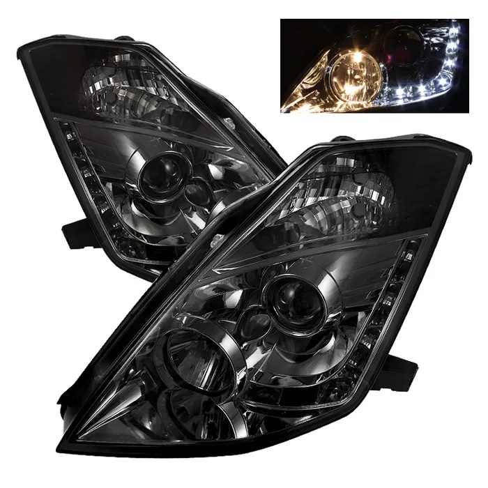 Spyder Auto Smoke DRL Projector Headlights with High H1 and Low H7 Lights Included Nissan 350Z with Halogen Lights 2003-2005 - PRO-YD-N350Z02-DRL-SM