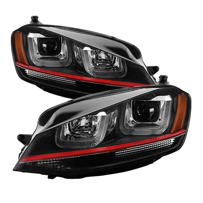 Spyder Auto Black DRL LED Red Stripe Projector Headlights Volkswagen Golf MK7 2014-2019 - PRO-YD-VG15-RED-DRL-BK