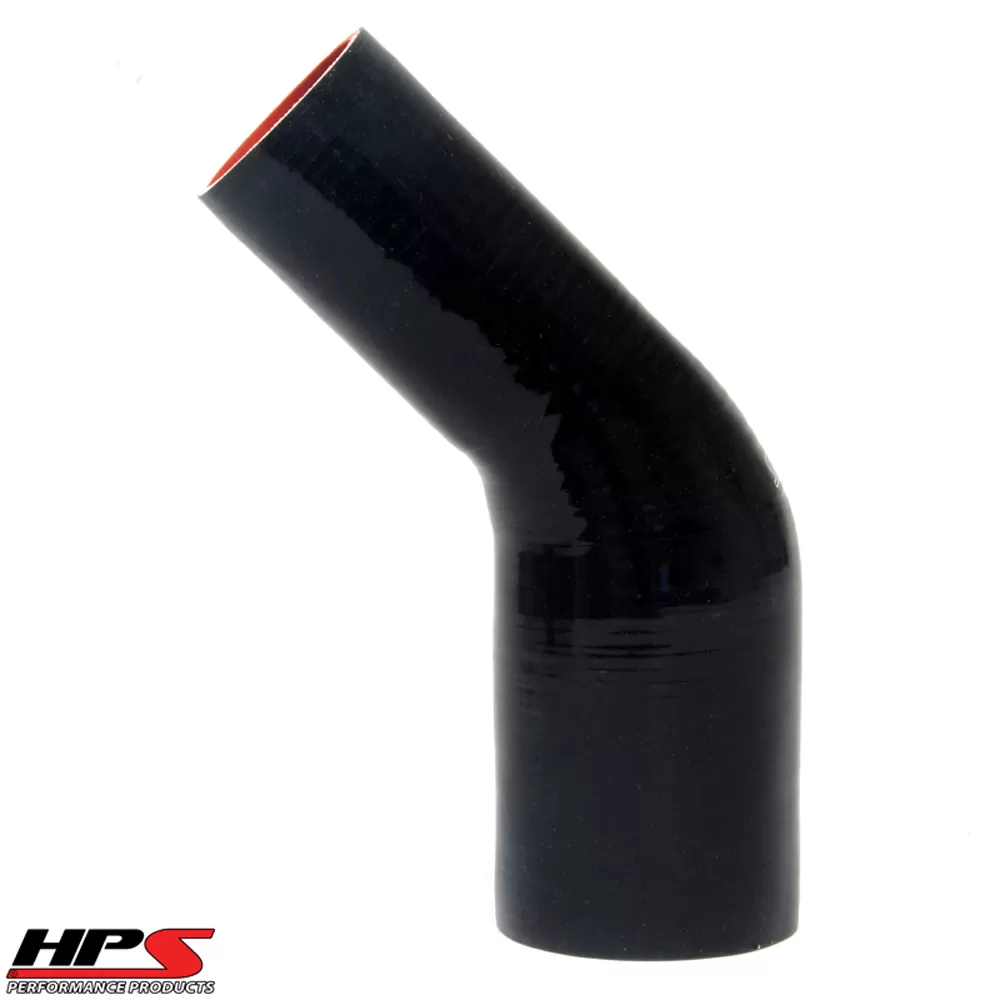 HPS 1 1/8 to 1 1/4inch (28mm to 32mm) 4-ply Reinforced 45 Degree Elbow Reducer Coupler Silicone Hose Black - HTSER45-112-125-BLK