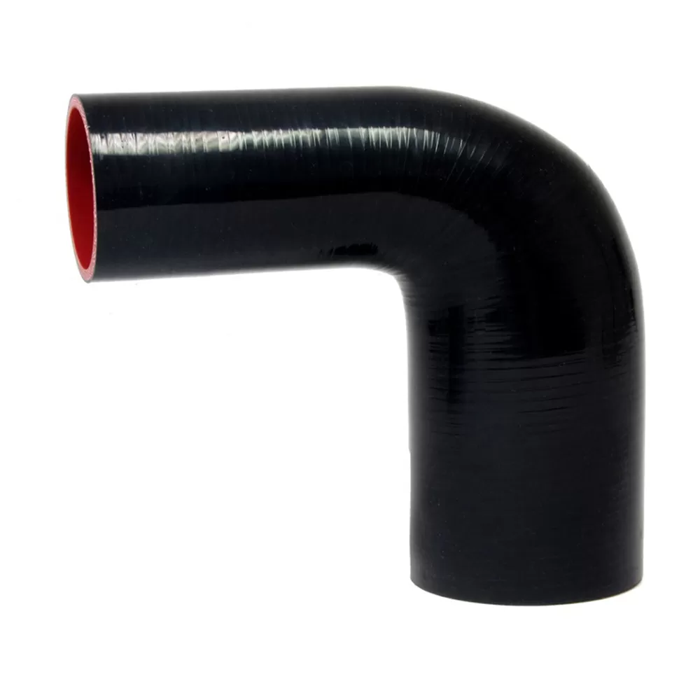 HPS High Temp 7/8" > 1-1/2" ID 4-ply Reinforced Silicone 90 Degree Elbow Reducer Hose Black (22mm > 38mm ID) - HTSER90-087-150-BLK