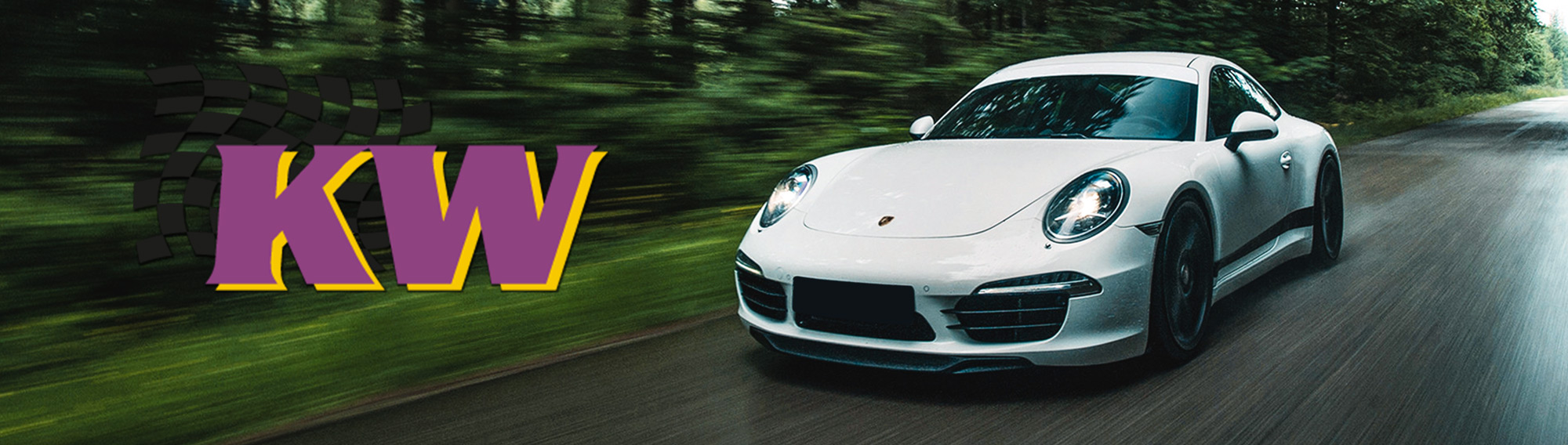 Porsche 991 driving through forest with KW suspension